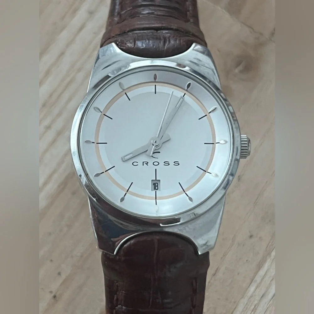Cross Ladies Watch Beautiful Two-Tone Dial Date Window Brown Leather Strap